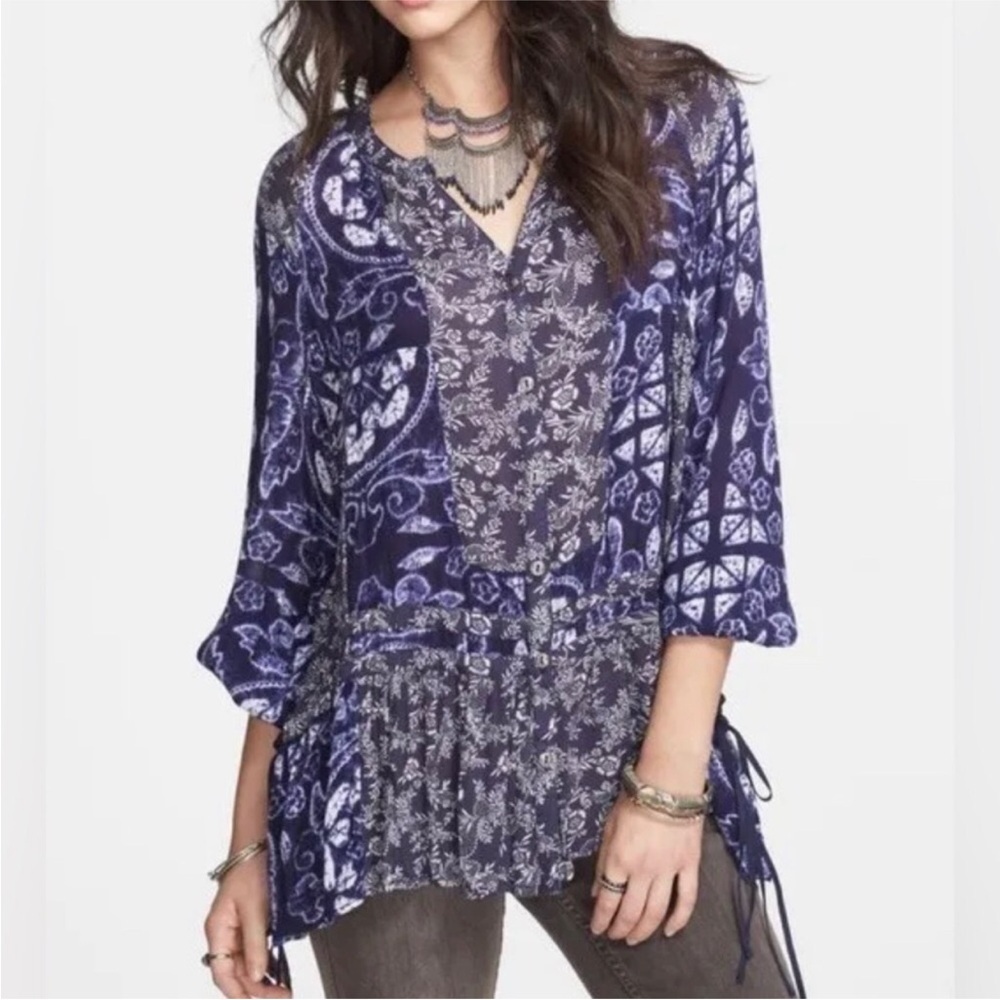 Free People Indigo Ratio Print Tunic Womens S Paisley Boho Oversized Blouse Top